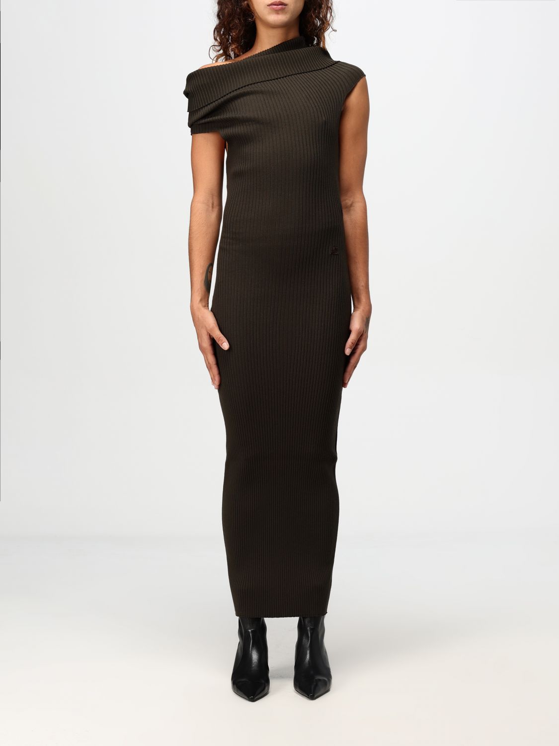 Assymetric ribbed-knit long dress - Brown