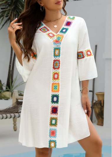 Modlily Patchwork White V Neck Cover Up