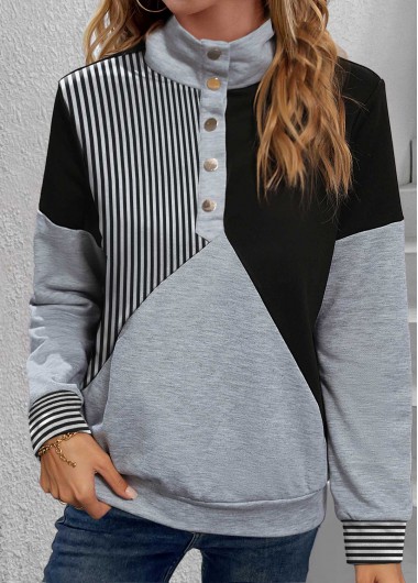 Modlily Black Snap Button Striped Long Sleeve Turtleneck Sweatshirt