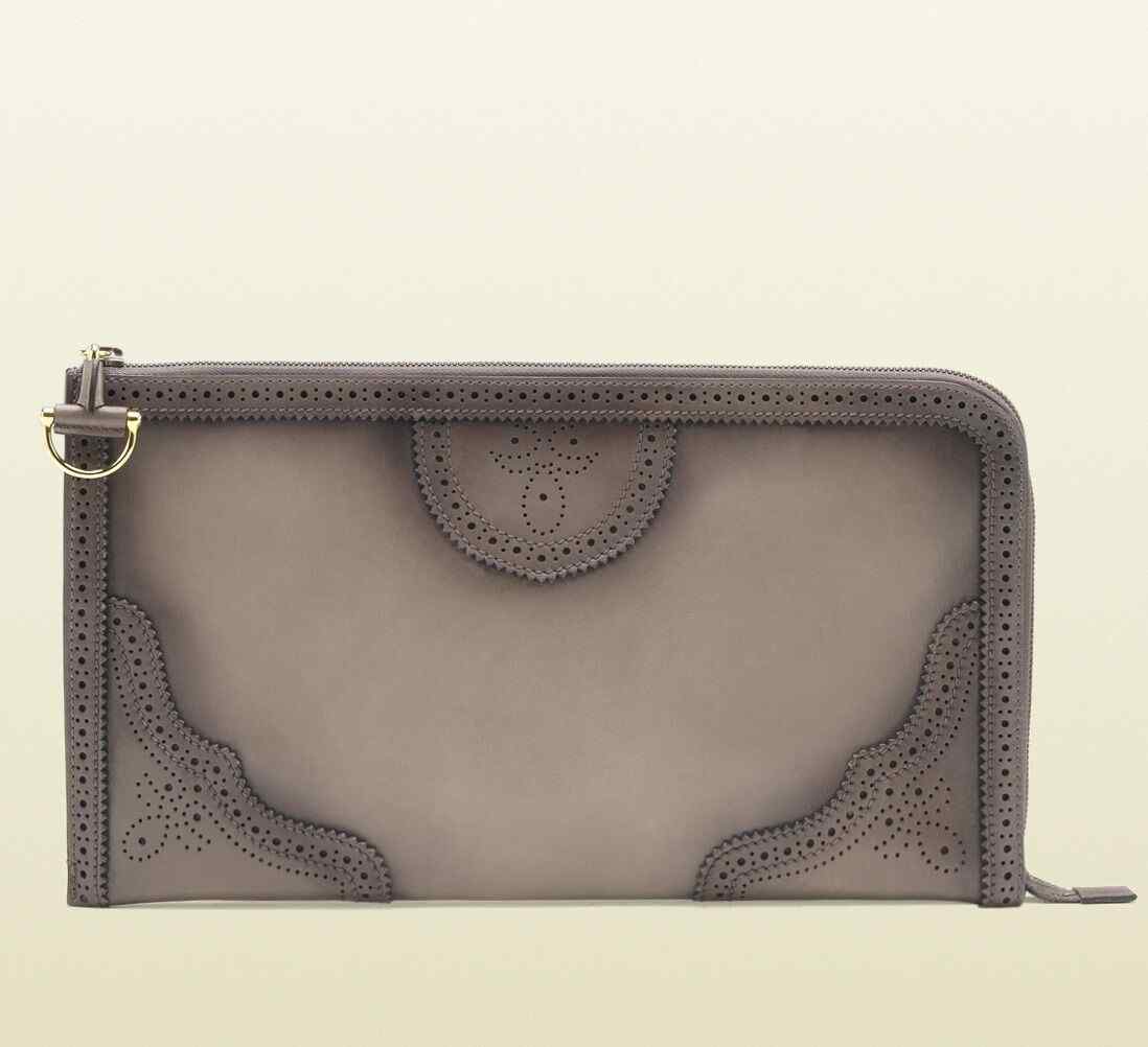 Gucci Duilio Brogue Zip Around Leather Clutch Bag Pre-Owned