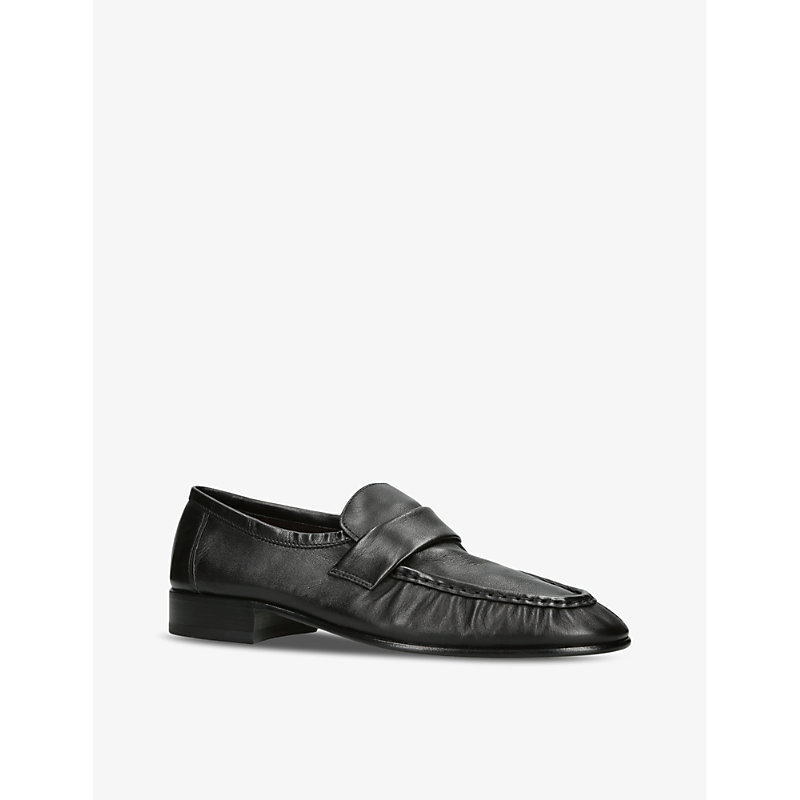 Womens Black Gathered Leather Loafers