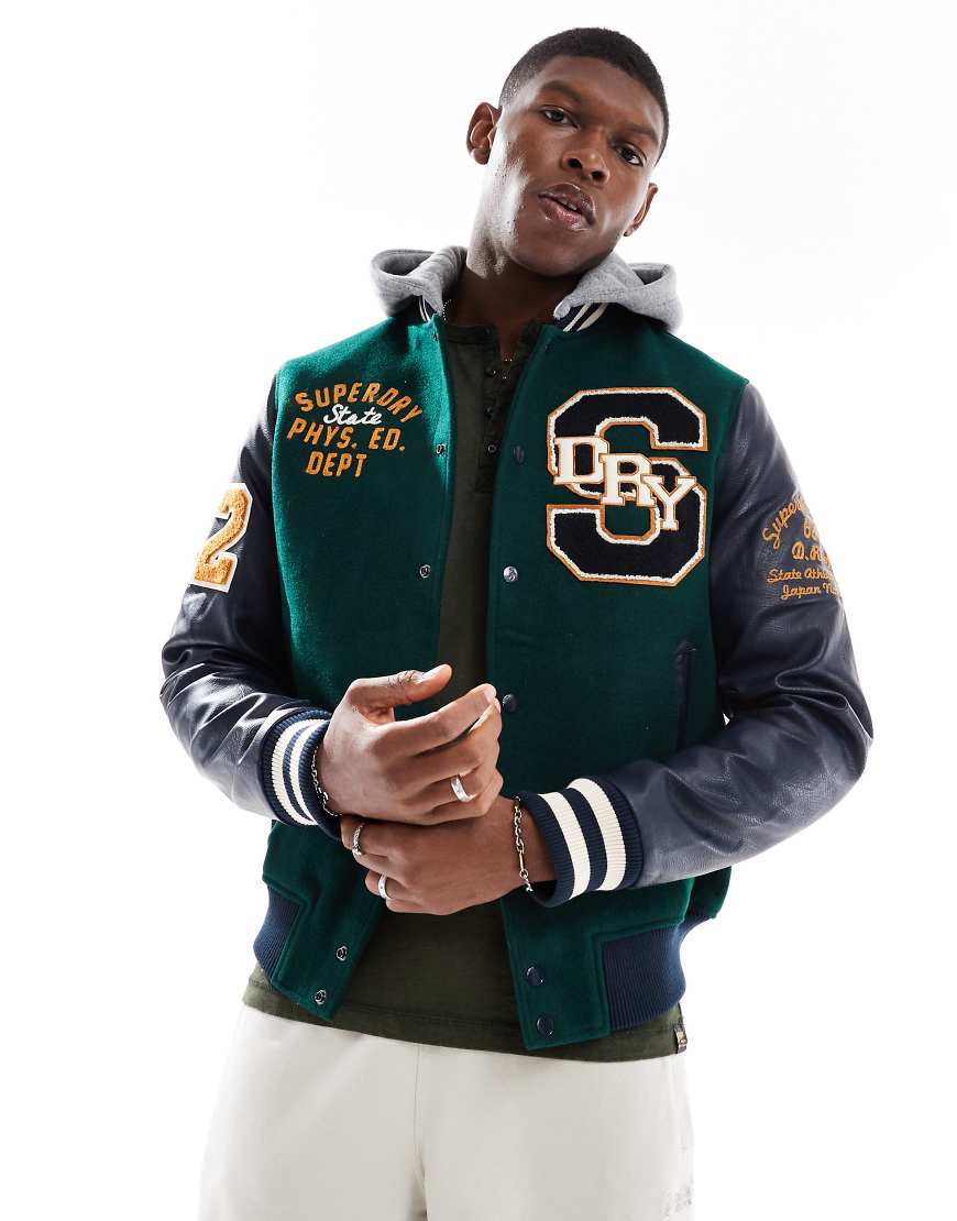 Superdry Hooded college patched bomber jacket in dark pine green
