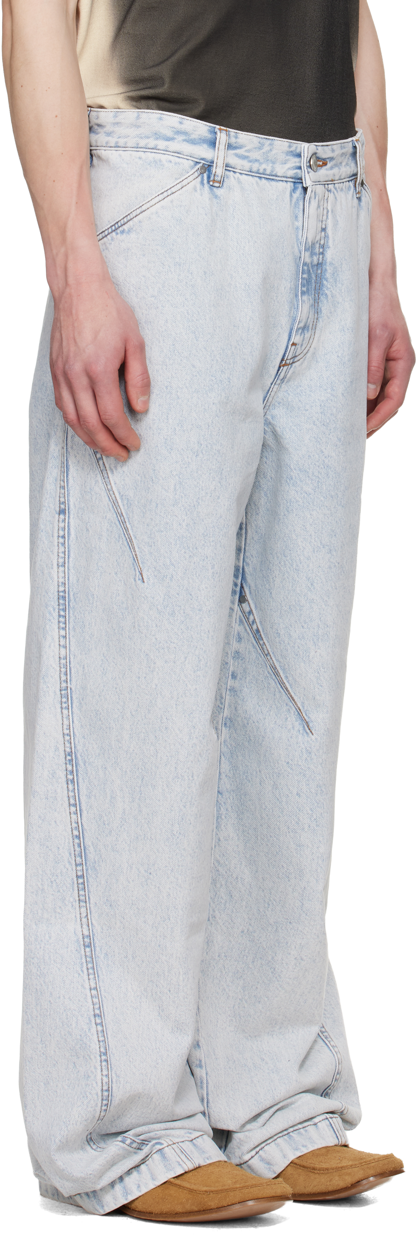 Blue Straight-Leg Light-Wash Pleats Jeans