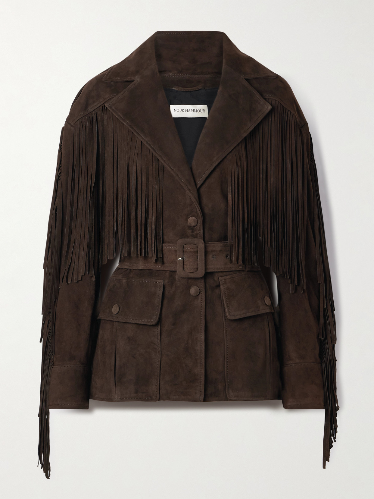 Cassidy Belted Fringed Suede Jacket - Brown