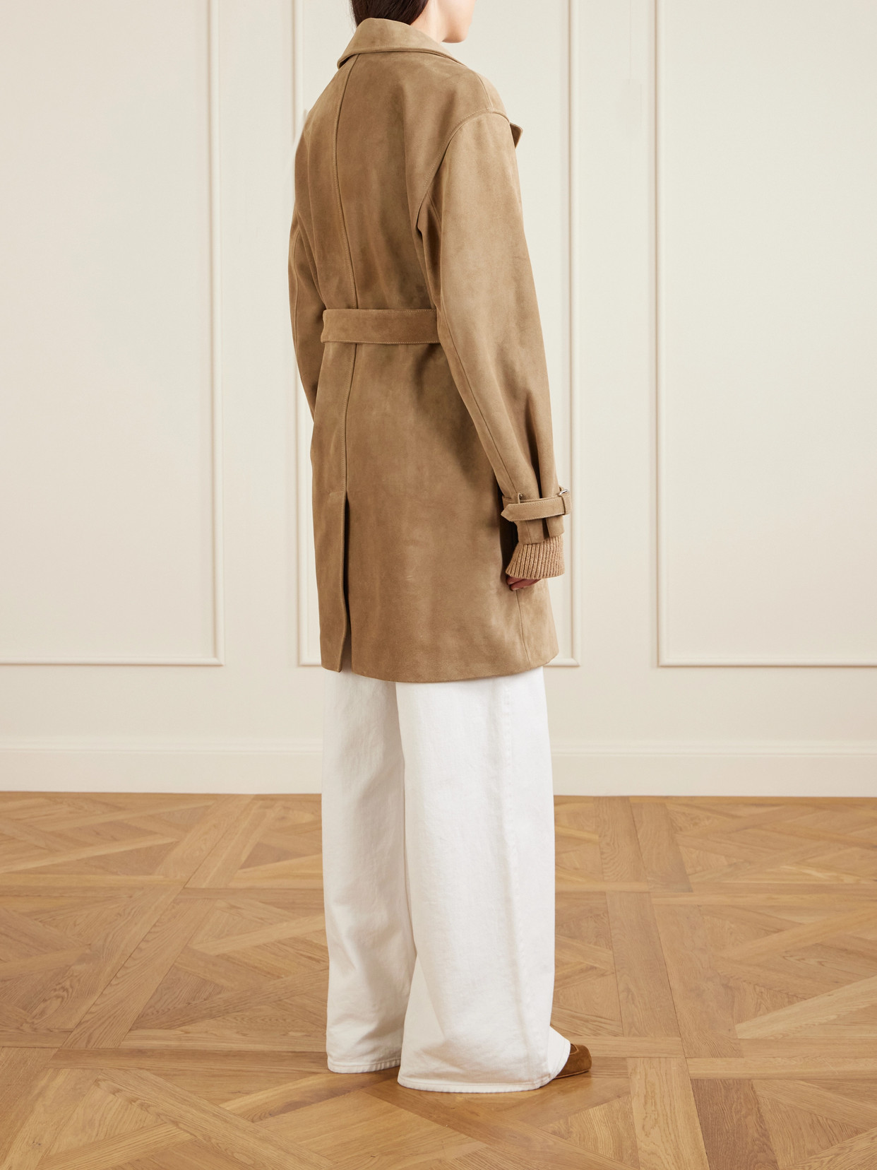 Belted Suede Trench Coat - Brown