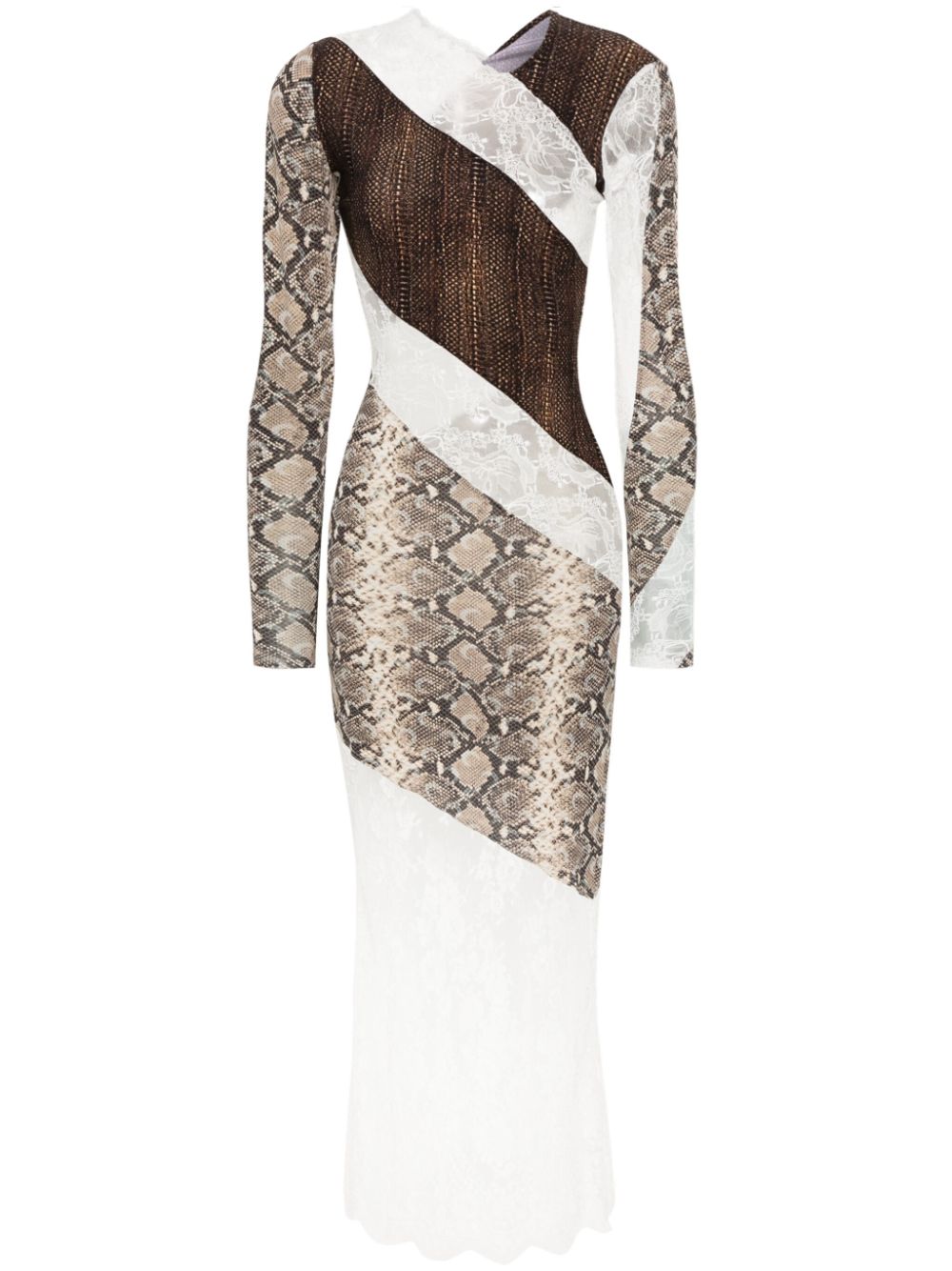 Floral-lace panelled midi dress - Brown