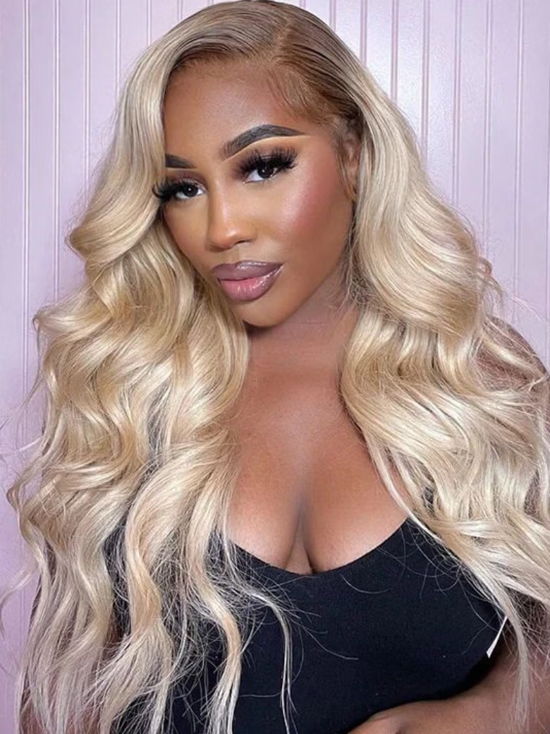From 18" 180% Density Full Lace Blonde Straight Wig With Dark Brown Roots Wig Can Be Dyed Easily