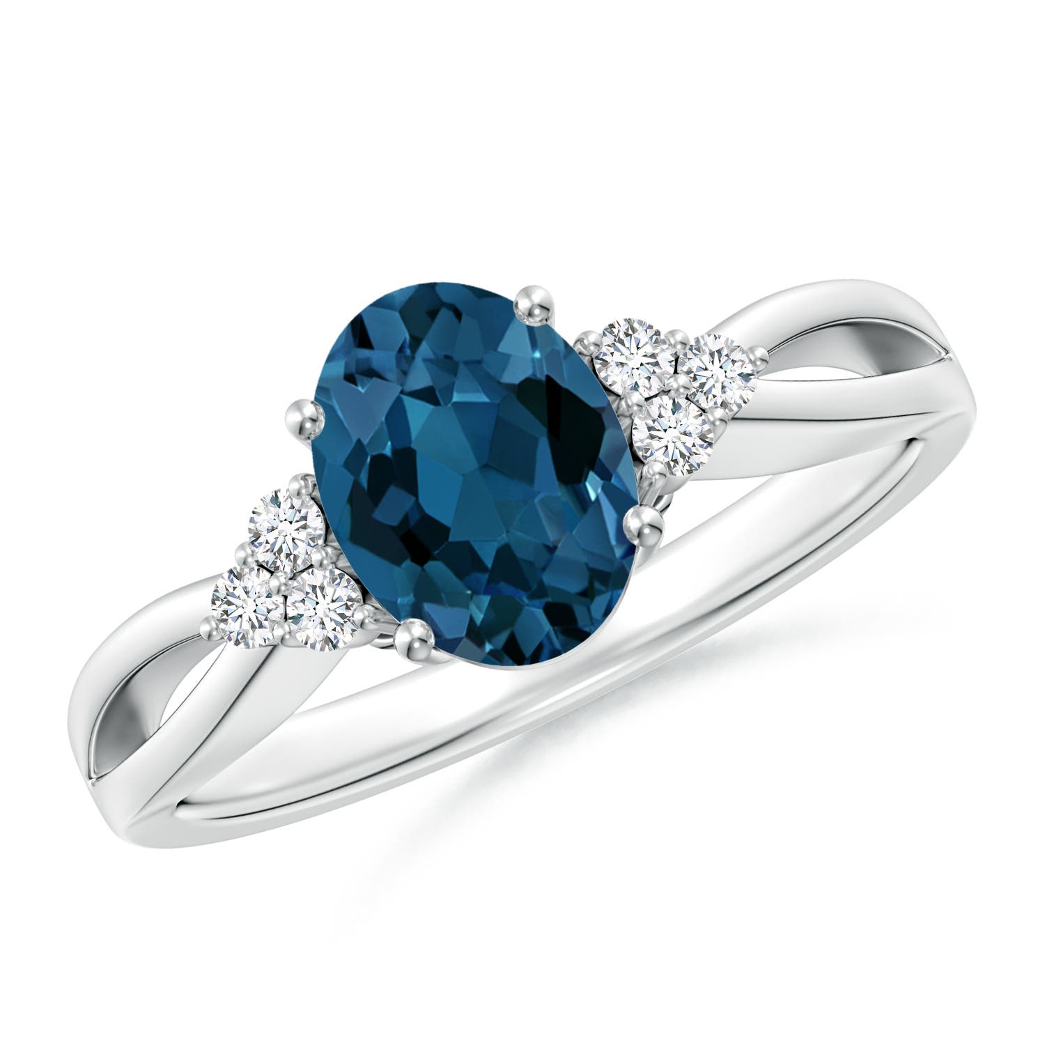 Angara 1.5 Carats Oval London Blue Topaz Split Shank Ring with Trio Diamonds in Platinum