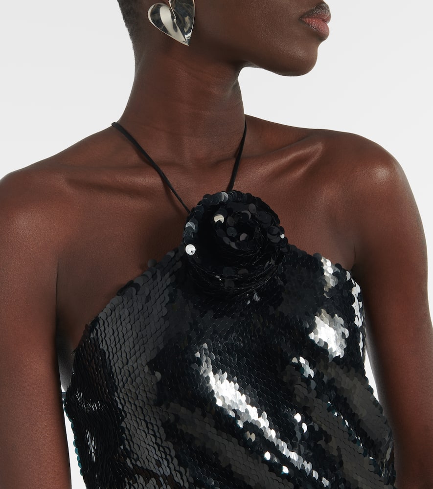 Floral-appliqué sequined minidress