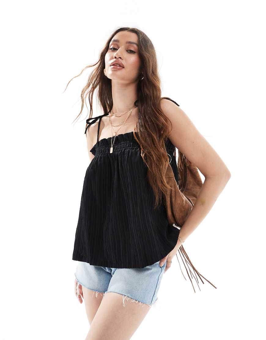 Shirred floaty cami top with tie details in black