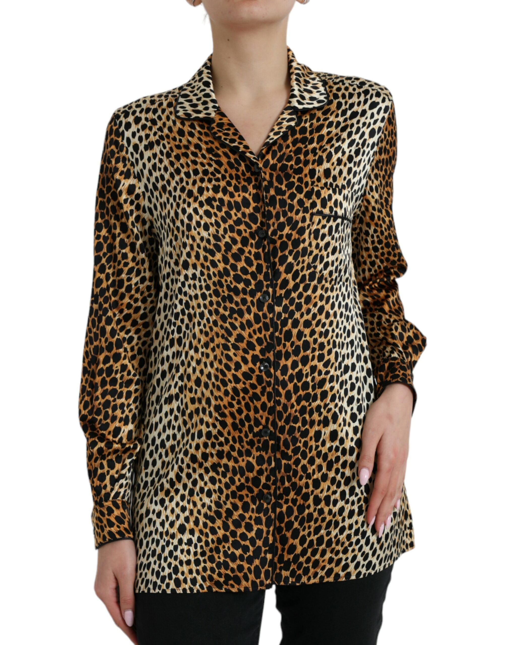 Leopard-Print Silk Blouse — Brown