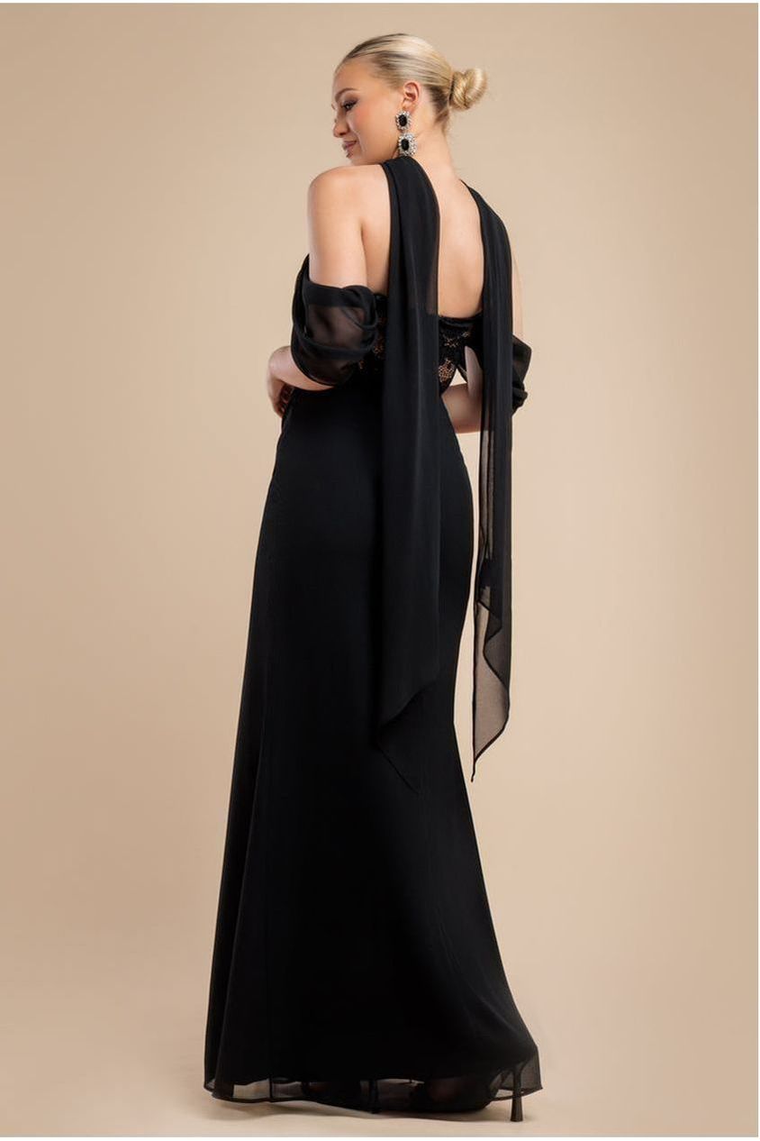 Goddiva Scalloped Lace & Chiffon Winged Corset Bodice Maxi Dress - Black