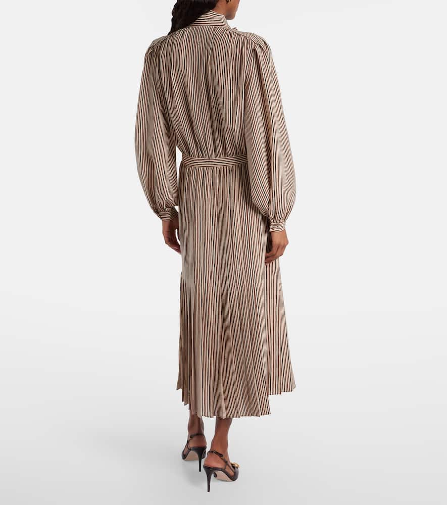 Striped tie-neck silk midi dress