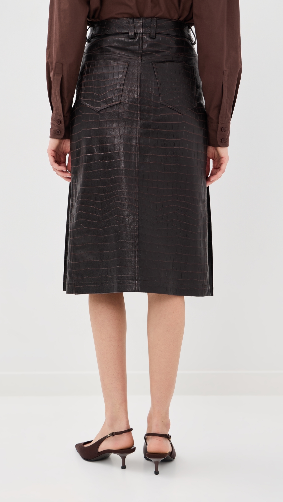Lamb Leather Croc Embossed Skirt Dark Brown