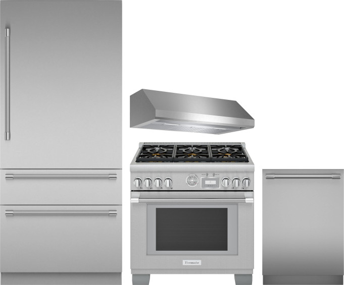 Thermador 4 Piece Kitchen Appliances Package with Bottom Freezer Refrigerator, Gas Range and Dishwasher in Stainless Steel THRERADWRH1347