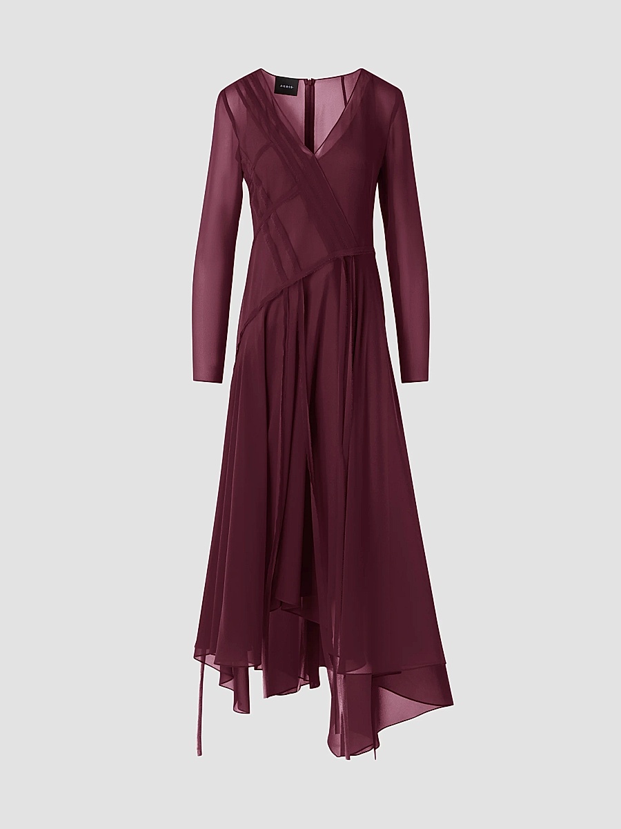 Women's Silk Asymmetric V-Neck Midi-Dress - Merlot Red