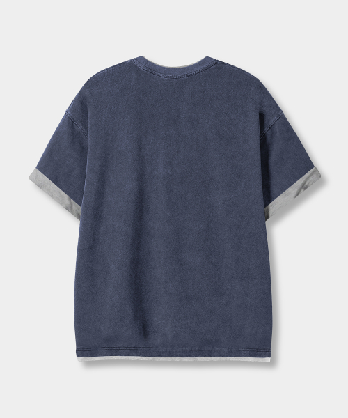 Color-blocked layered roll-up short-sleeve T-shirt_Pigment Navy