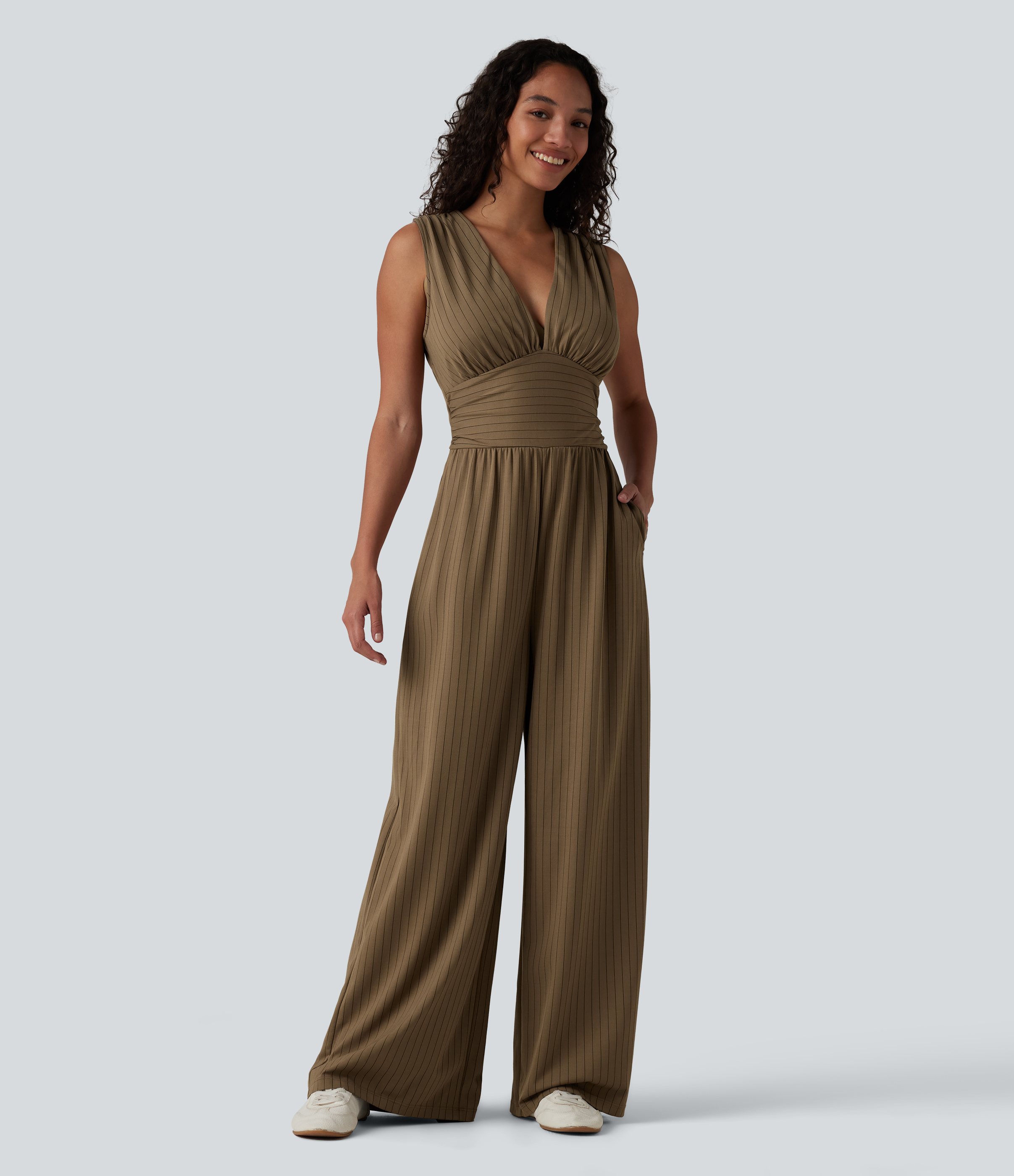 V Neck Sleeveless Ruched Stripes Work Jumpsuit with Pockets-Easy Peezy  - Brown Pinstripe