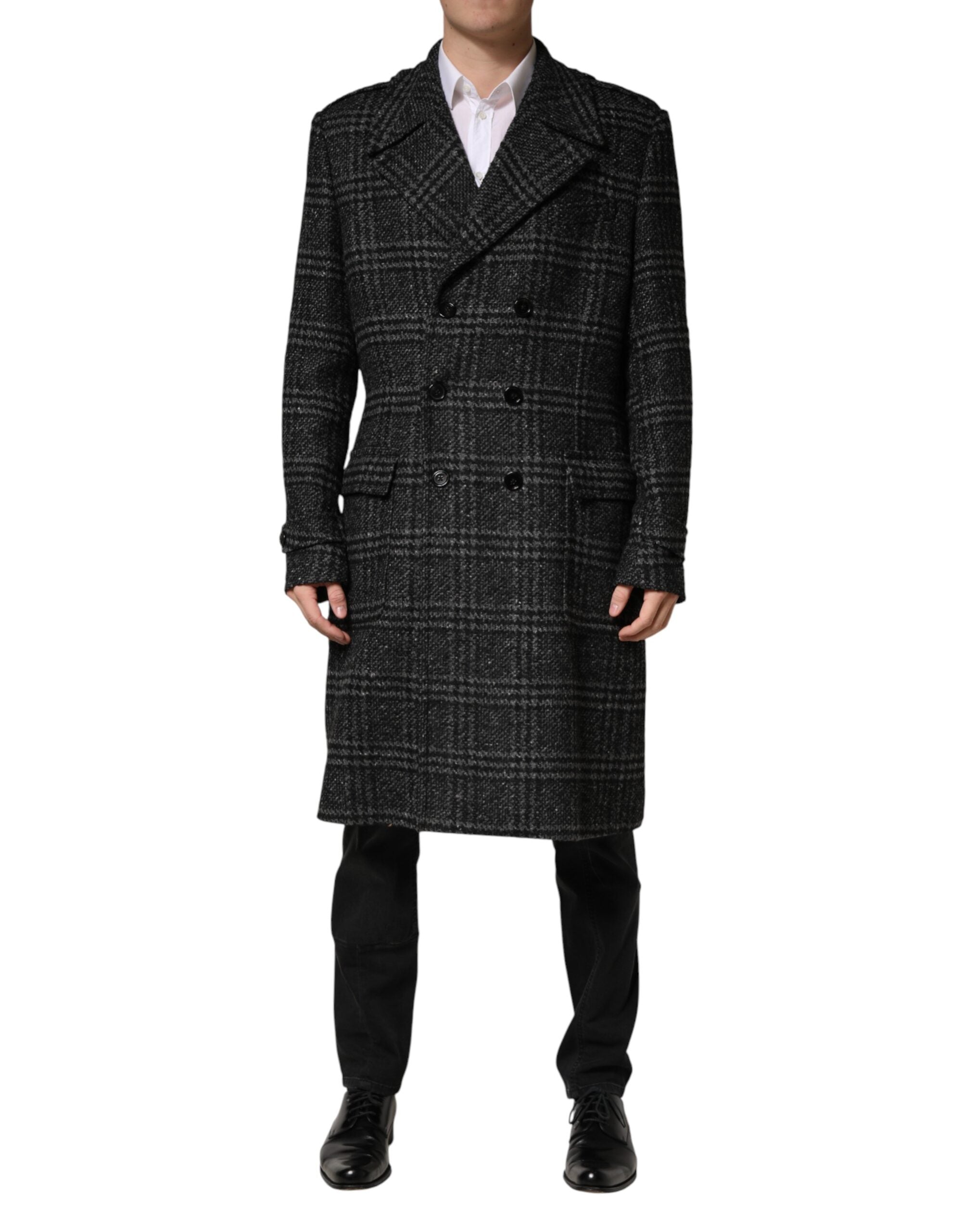 Double-Breasted Plaid Wool Coat — Gray