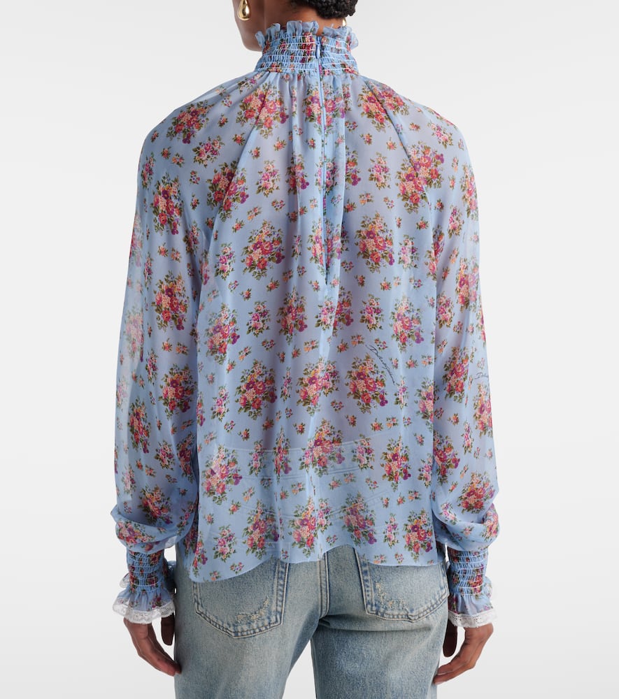 Floral ruffled silk and cotton blouse