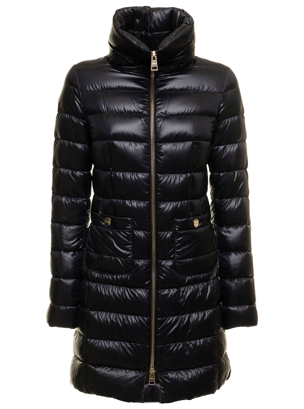 Womans Maria Black Quilted Nylon Long Down Jacket