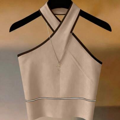 Women's Halter Neck Tank Top,Light Beige,Summer,Chic,Brunch White With Black Trim,Elegant Fashionable Everyday Wear,Beach Vacation,Office Casua