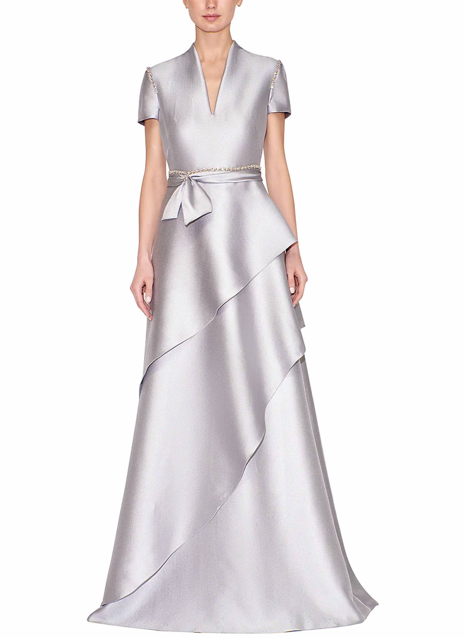 Short Sleeve Split Neck Caftan Gown In Grey