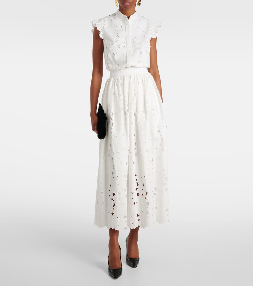 Gathered cotton-blend midi skirt