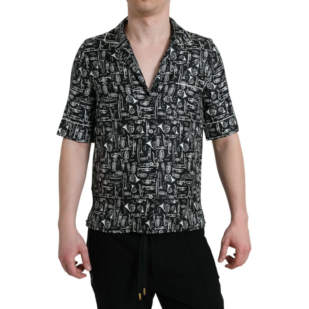 Silk Geometric-Print Shirt — Black