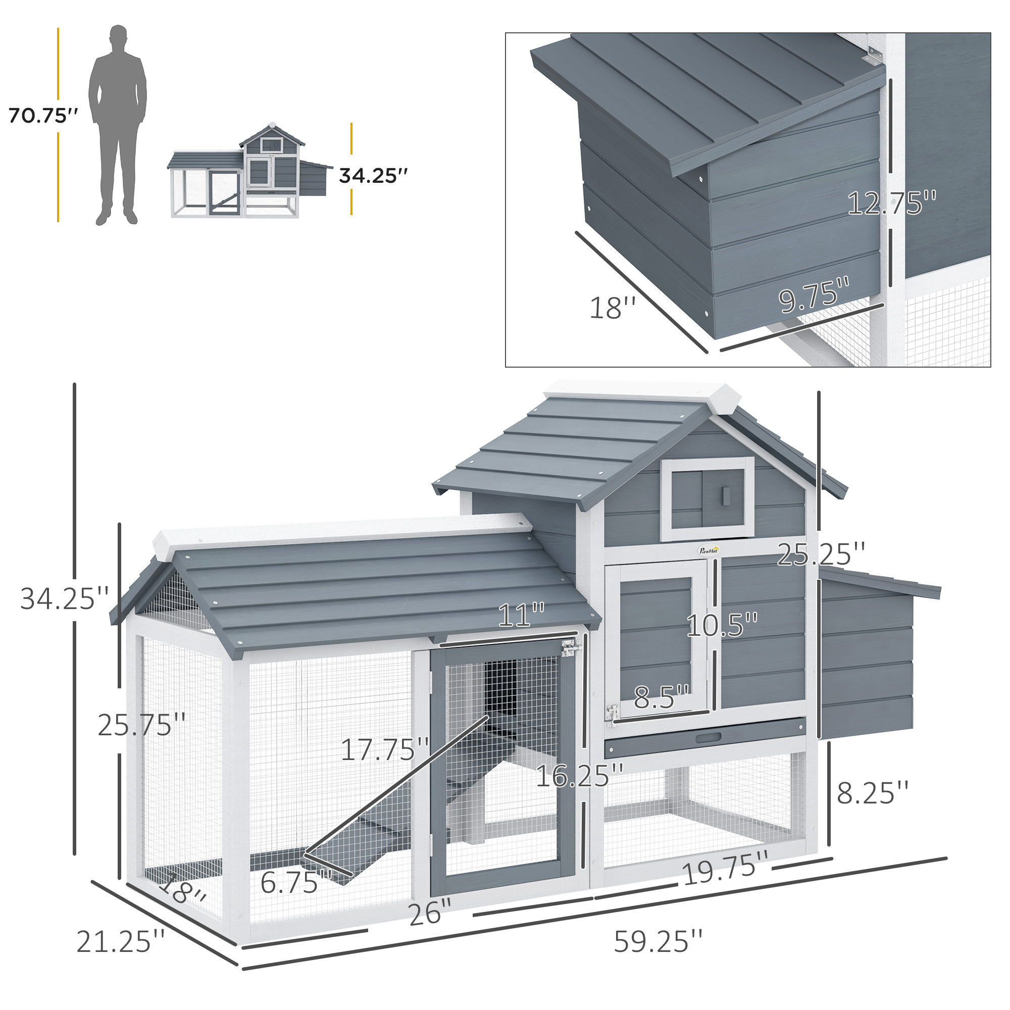 PawHut Wooden Chicken Coop 59 Hen House Poultry Cage 2 Doors Nesting Box White Aosom.co
