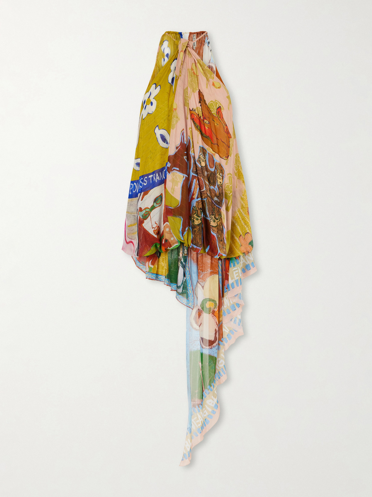 Mlak Asymmetrical Printed Organza Halterneck Tank - Yellow