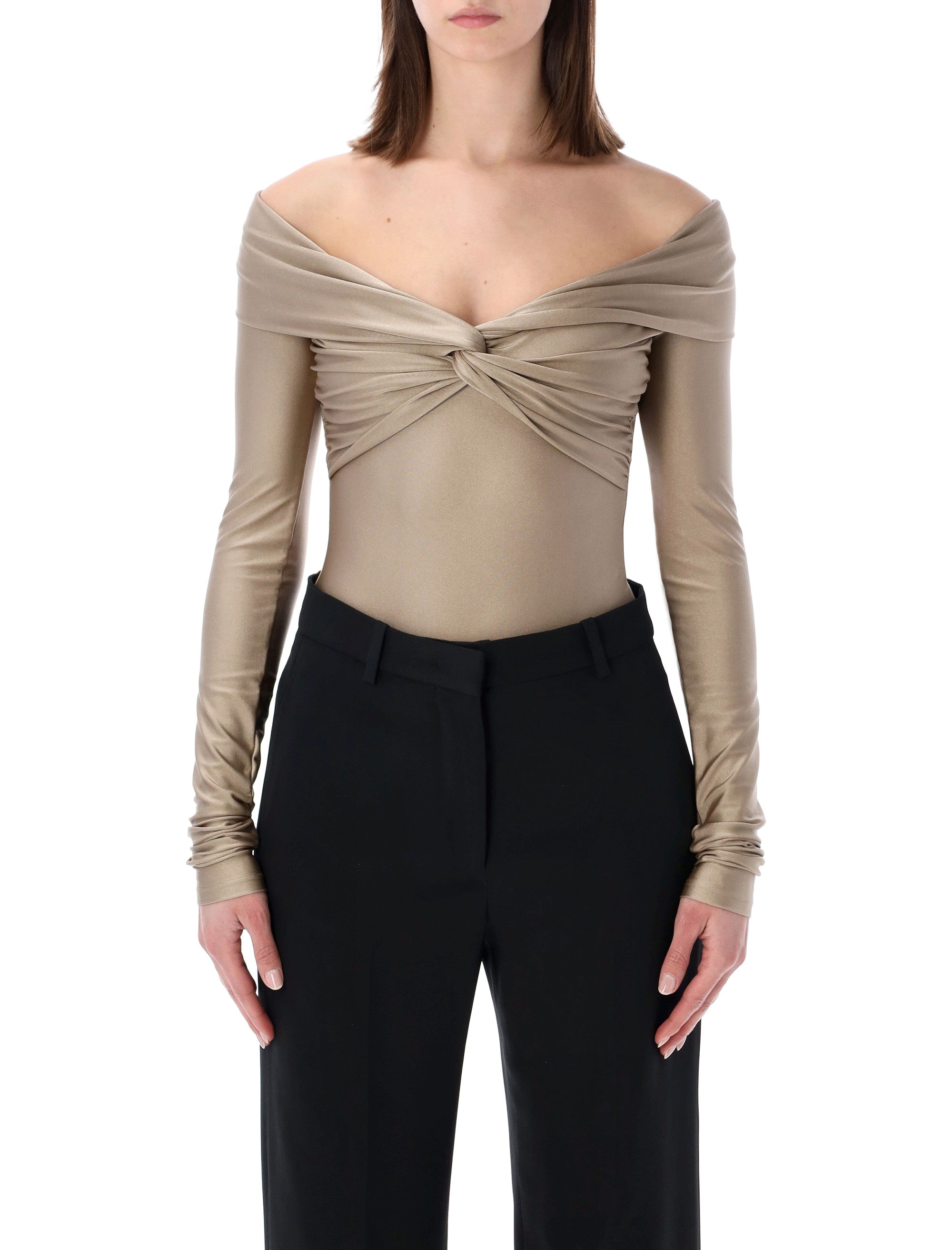 Elegant Off-Shoulder Bodysuit with Draped Knot - Size S