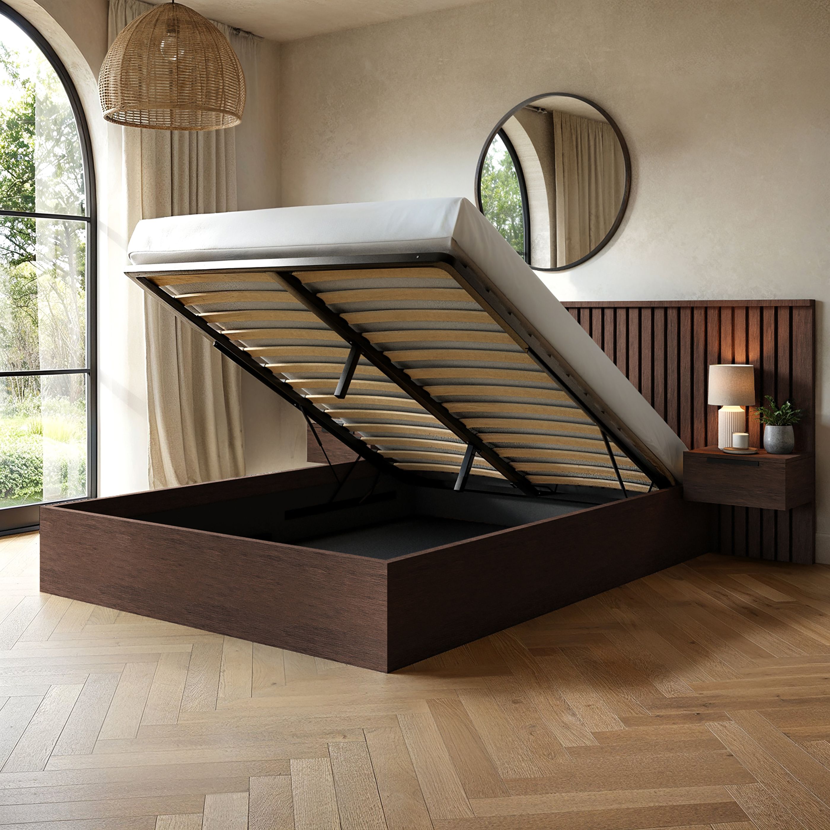 Solace+Co Unisex Taylor Hotel Ottoman Bed w/ Side Tables Walnut in Brown | : King