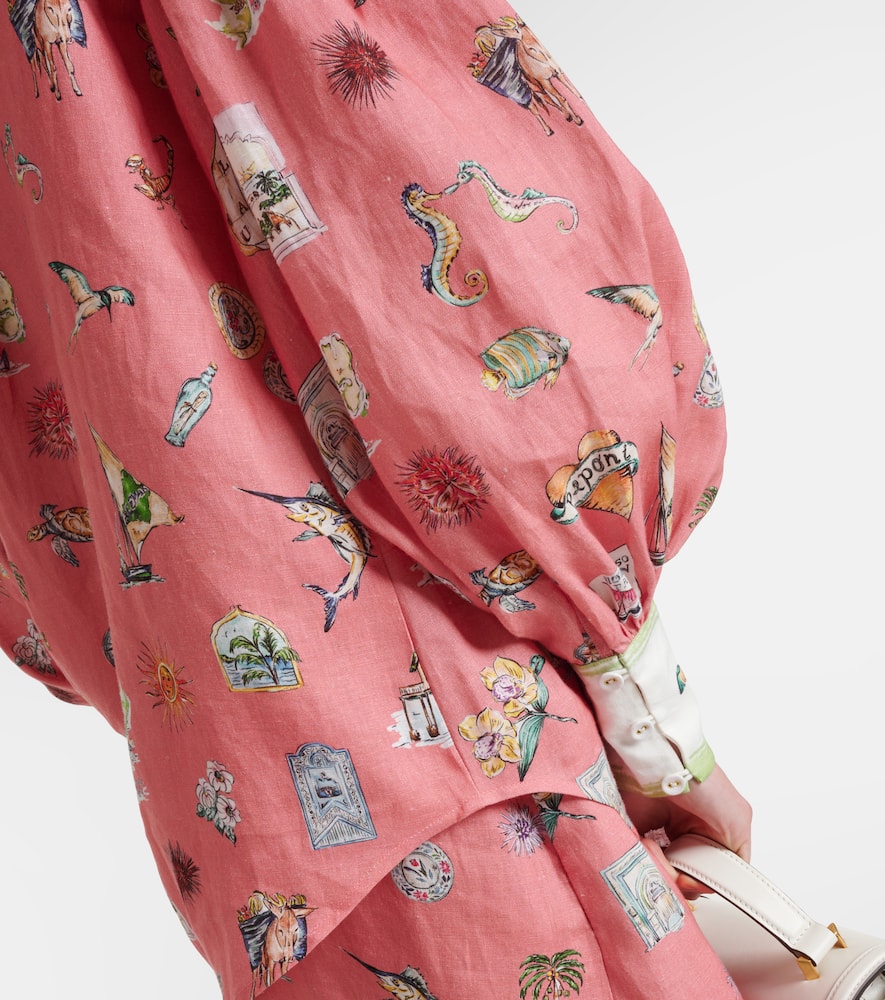 Alémais Puff-sleeve printed linen shirt