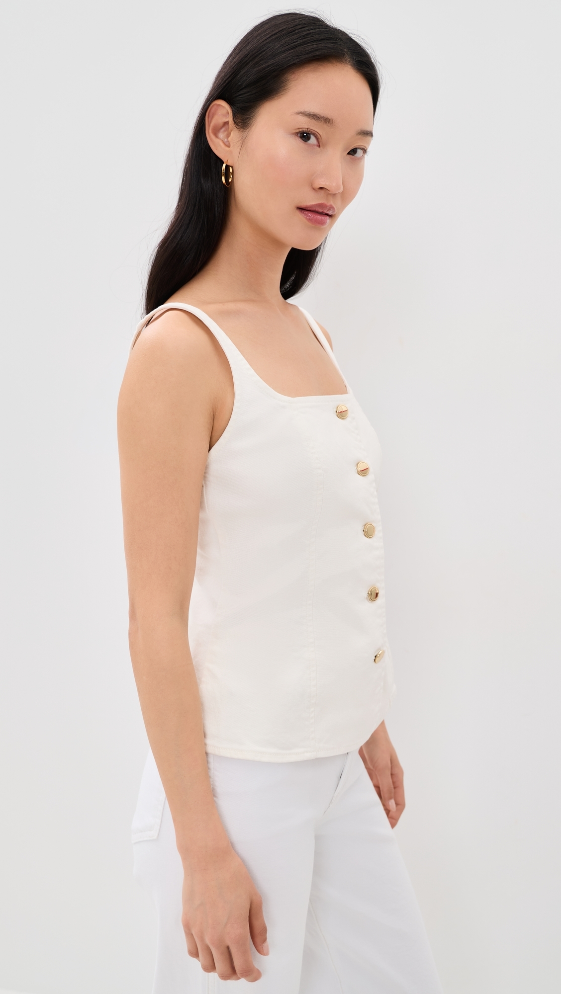 Sleeveless Denim Button Front Top Cotton White