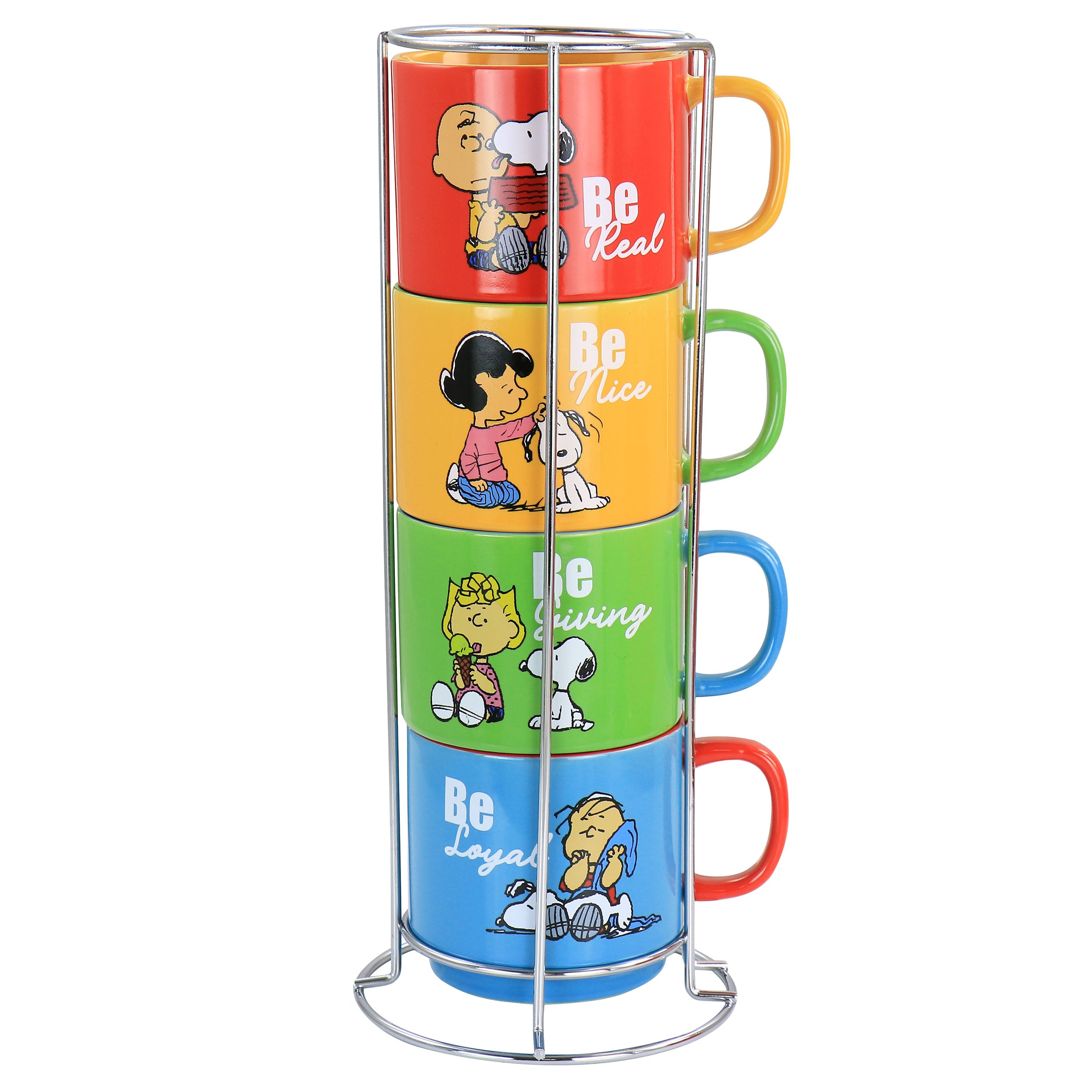 Classic Gentle Reminders Collection 4 Piece Stoneware Stackable Mug Set with Metal Stand in Assorted Colors