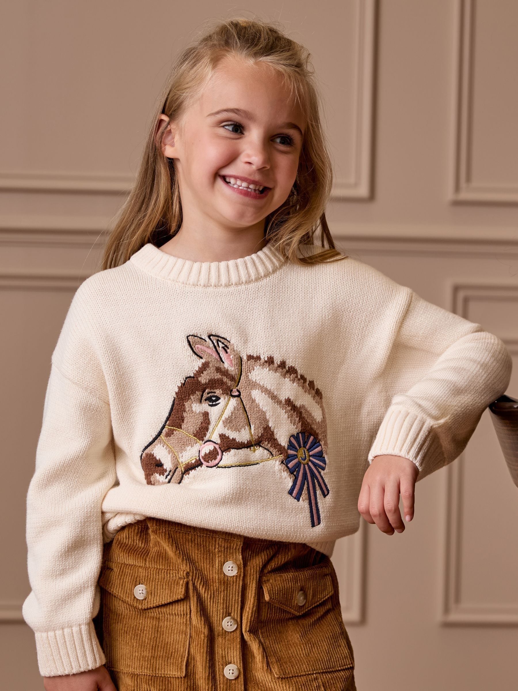 Girls' Cream Horse Knitted Jumper