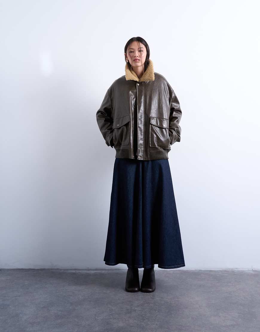 Denim yoke front maxi skirt in indigo rinse-Blue