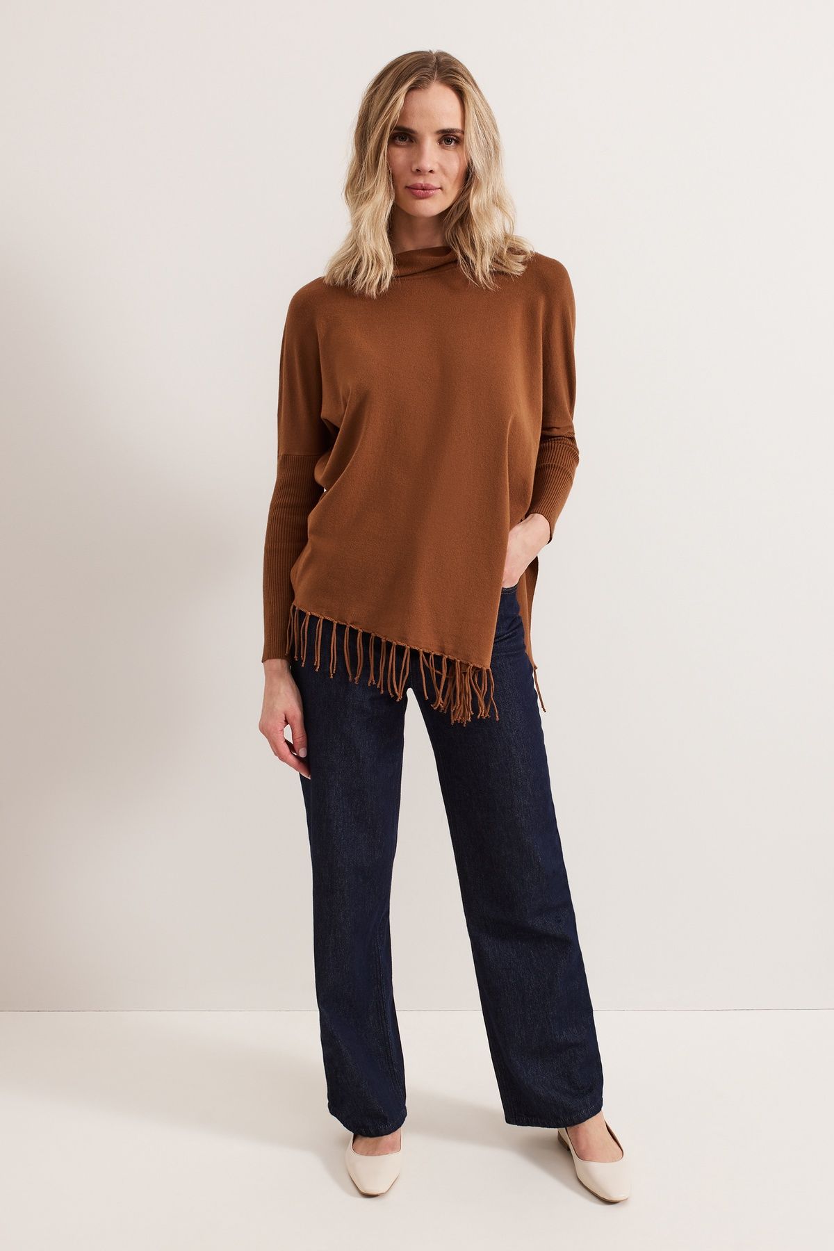 Phase Eight Athena Cowl Neck Tassel Poncho In Brown
