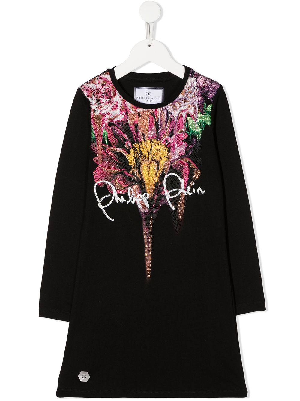 Rhinestone floral print dress - Black