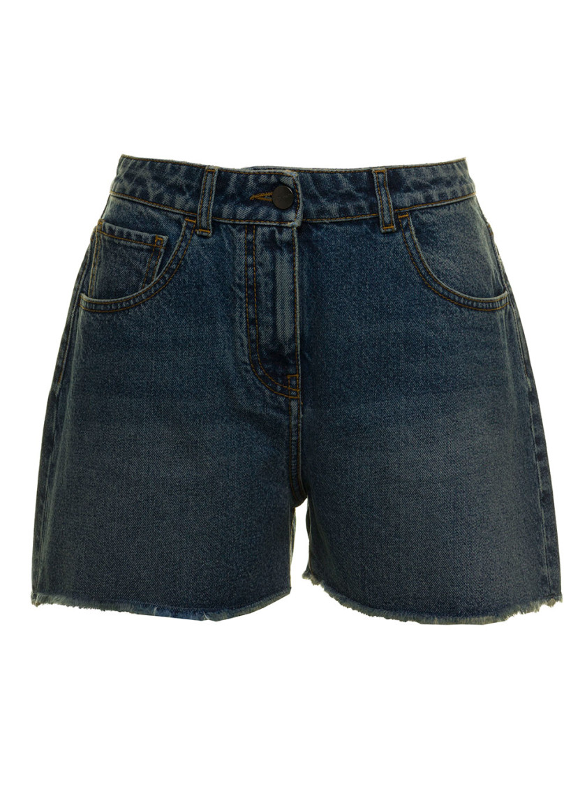 Palm tree-embroidered frayed denim shorts