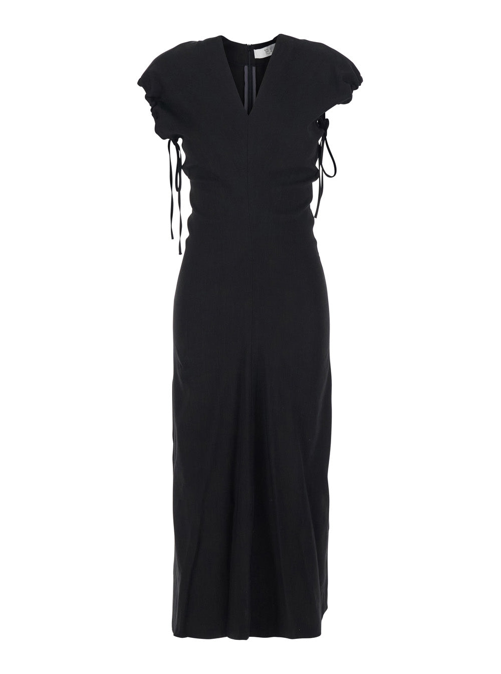 Linen Blend V-Neck Dress — Black