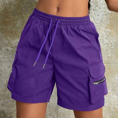 Street Sporty Solid Color Shorts Drawstring Elastic Waist Flap Pockets Zipper Detail Straight Leg Summer Daily Casual Cargo Baggy Shorts For Women