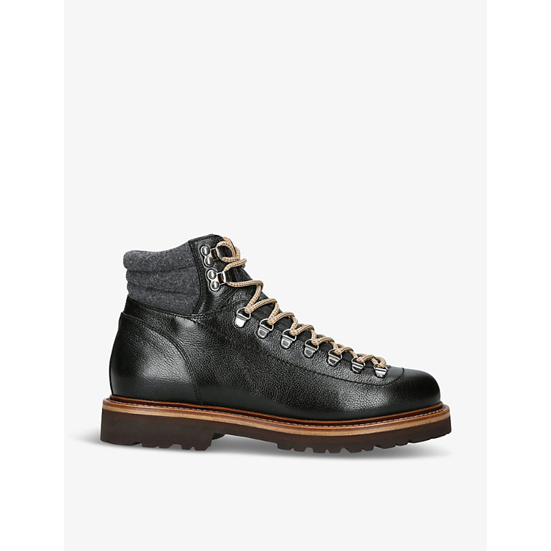 Mens Black Chunky-sole Tonal-stitching Leather Hiking Boots
