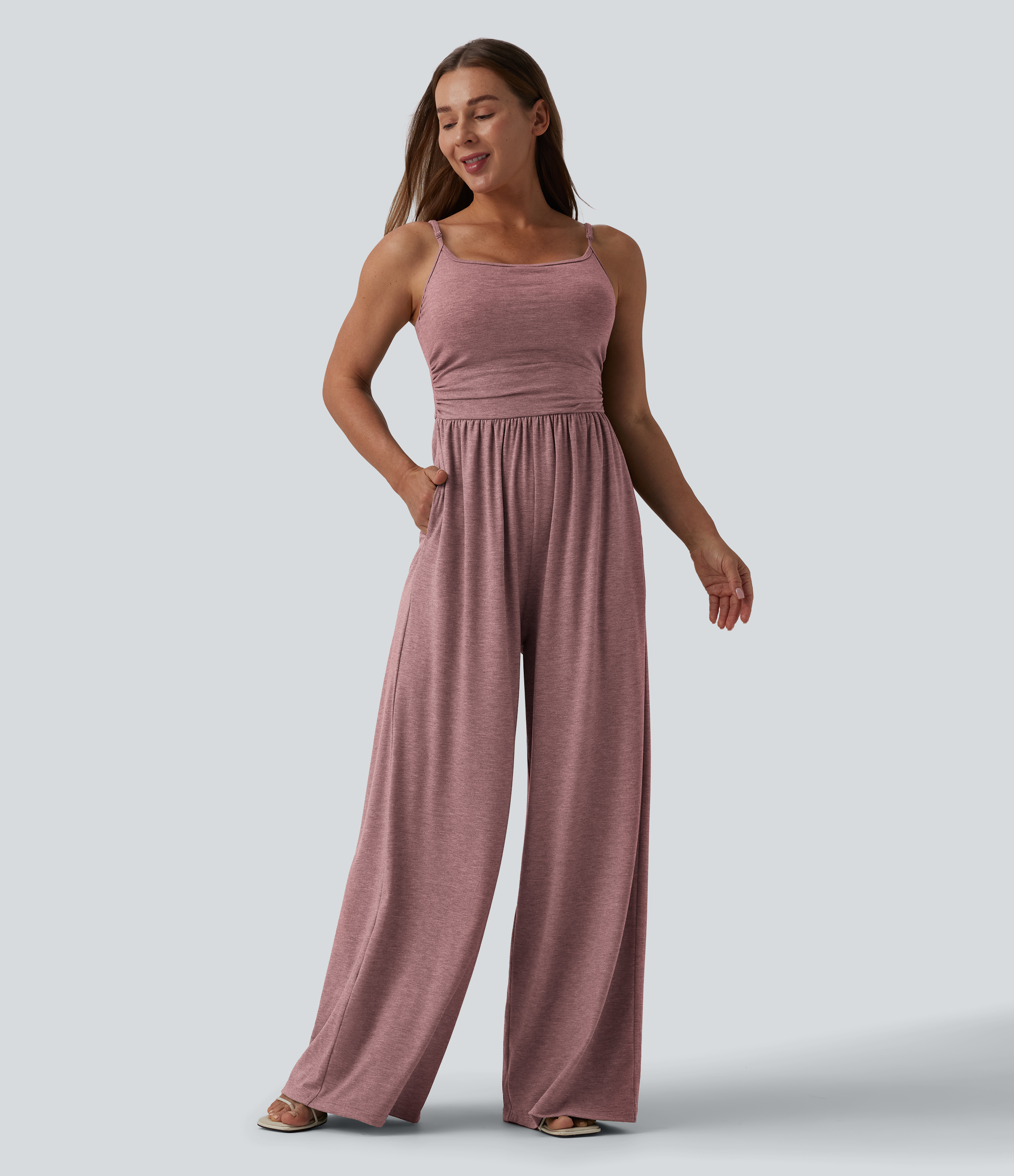 Adjustable Straps Ruched Wide Leg Heathered Casual Jumpsuit with Pockets-Easy Peezy  - Dusk Rose Plum