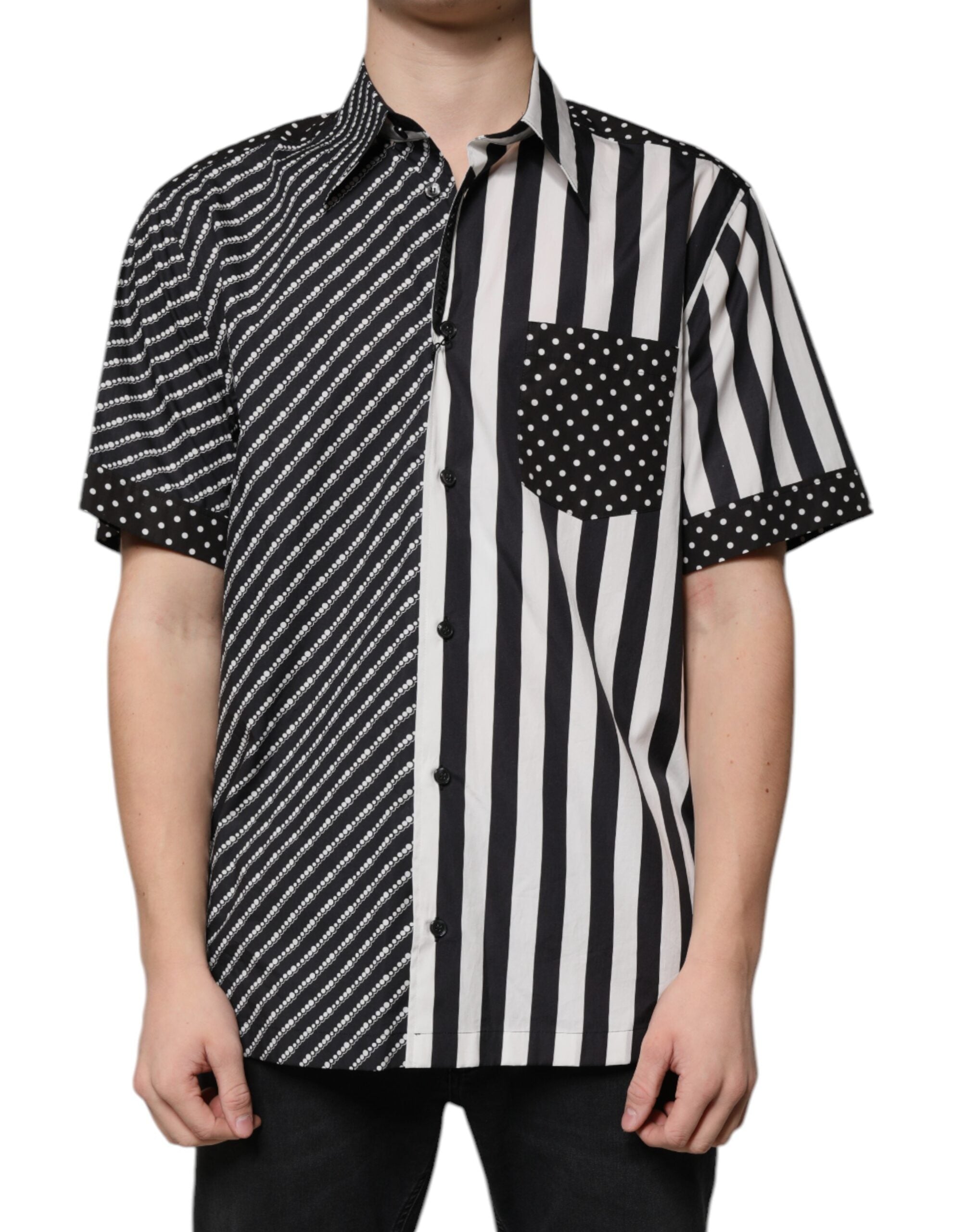 Mixed-Print Button-Down Shirt — Black