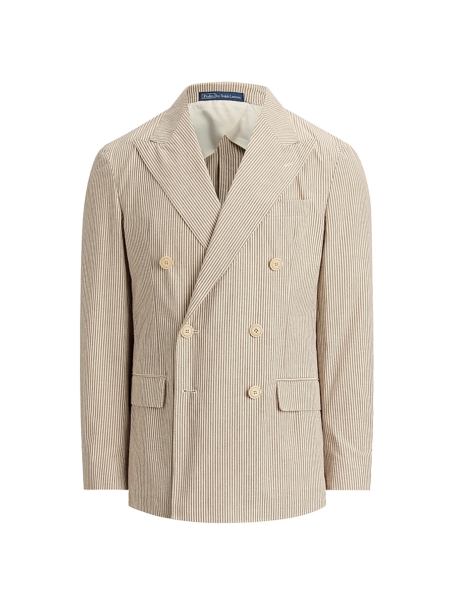 Men's Striped Seersucker Double-Breasted Blazer - Light Brown Vintage Cream