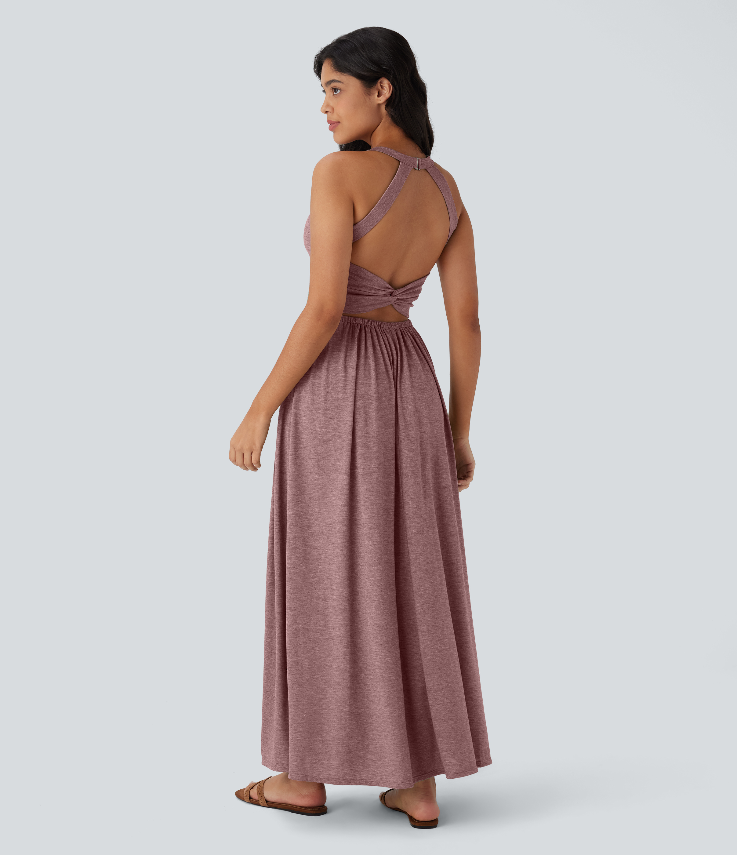 Twisted Backless Split Flowy Maxi Resort Dress with Pockets Casual Dress - Dusk Rose Plum