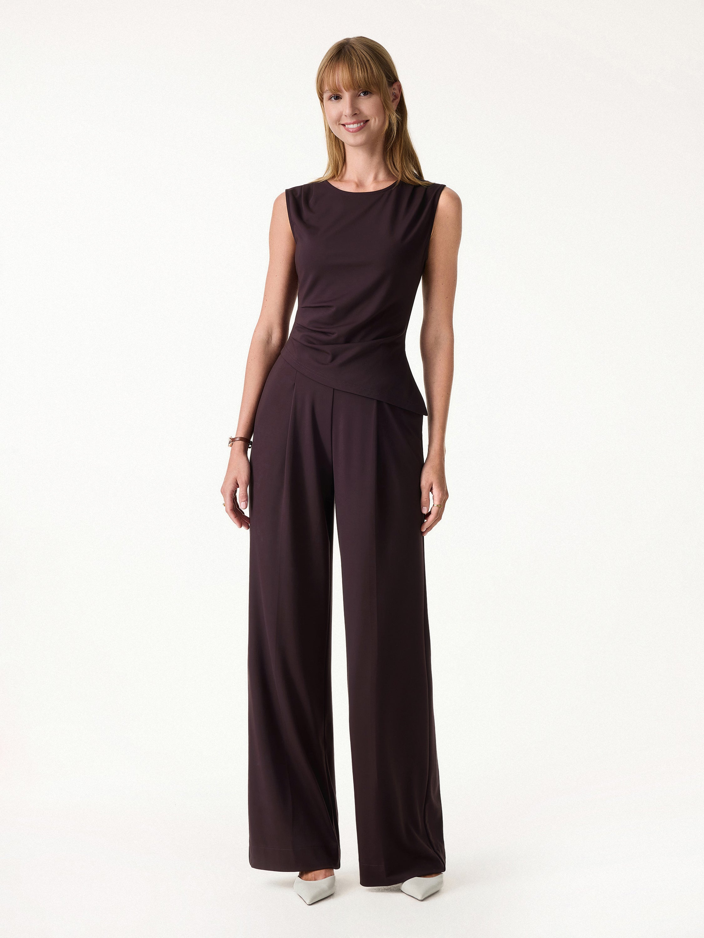 2Pcs Set Tucked Asymmetrical Hem Top & High Rise Wide Leg Pants - Purple Gloam / XS