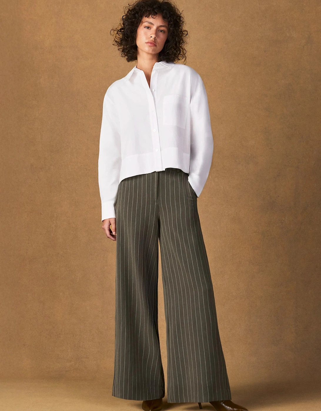 RO&ZO Women's Petite Olive Pinstripe Tailored Trouser - Green